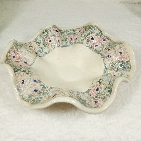 Hand Spun Pottery Bowl Raised Flower Design by D.K. Mc Bride Pottery - Picture 3 of 9